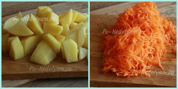 порежьте картофель и натрите морковь